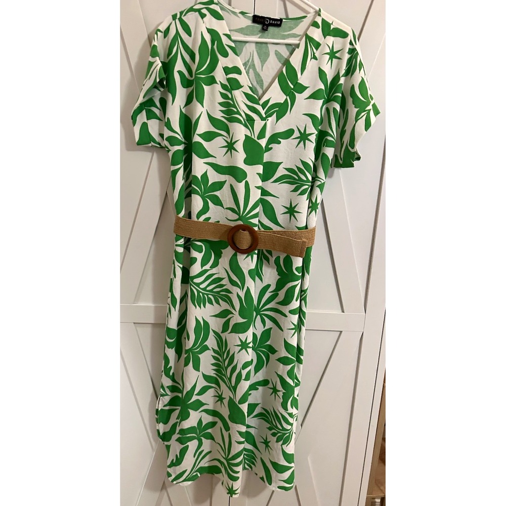 Fred David Women's M White/Green Tropical Floral Fit & Flare V-Neck Midi Belted